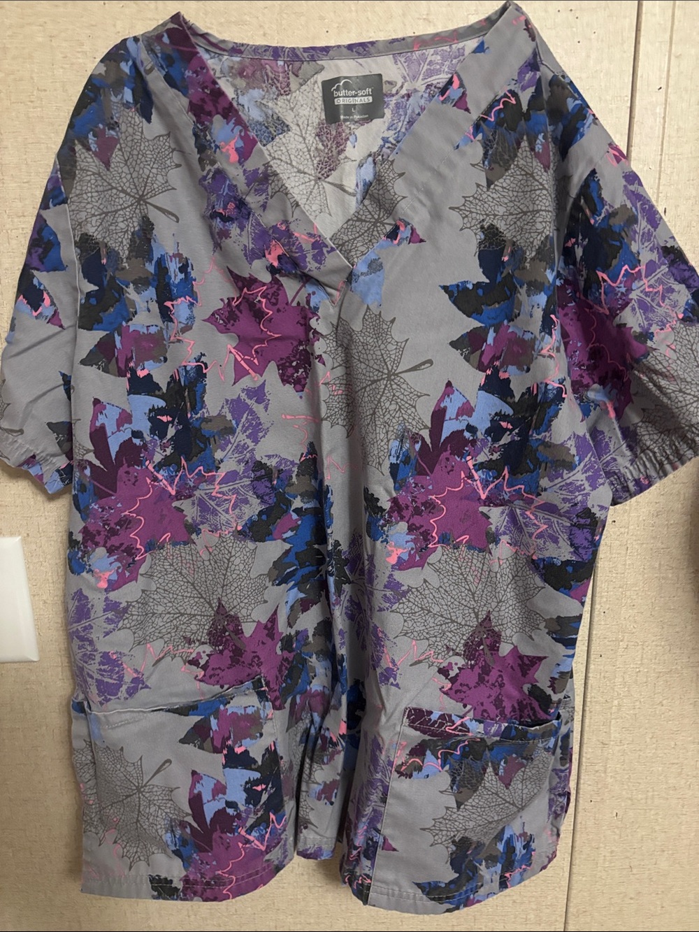 Butter-Soft Scrub Top - Gray with Purple & Blue Leaf Print
